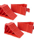 Heavy Duty Rubber Wheel Chocks Set Of 4 For Travel Trailers RV Campers And Trucks, Lightweight Yet Sturdy And Tough As Nails, TPR Material Holds Up To 3 Tons Capacity 6500 Lb, Red, side view.