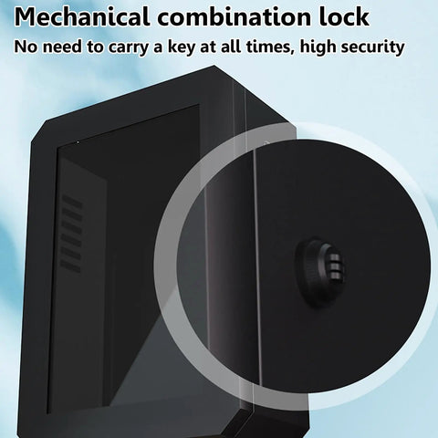 Close-up of mechanical combination lock on Wall Mount EV Charger Protector Box Waterproof Security Enclosure With Combo Lock Black Shell.