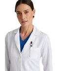 Women's 3 Pocket Lab Coat 32 Inch White 3X Large Soft Touch Fabric shown worn by model