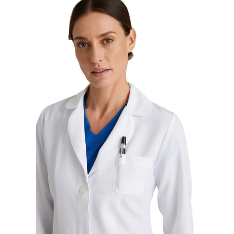 Women's 3 Pocket Lab Coat 32 Inch White 3X Large Soft Touch Fabric shown worn by model