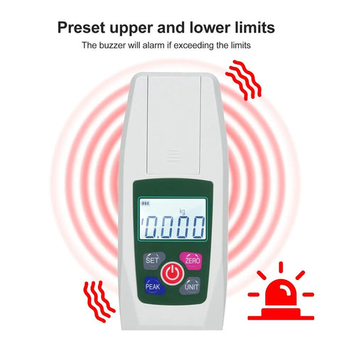 Push And Pull Tester Meter Mini Dynamometer With 4 Measurement Units Backlit Display Buzzer Alarm For Compression And Tension Acceleration Setting For Precision Upper And Lower Limit Alerts KF50 front view with alarm icon and limit warning