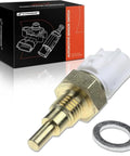 Front view of A-Premium coolant temperature sensor with brass probe, white housing, and washer.