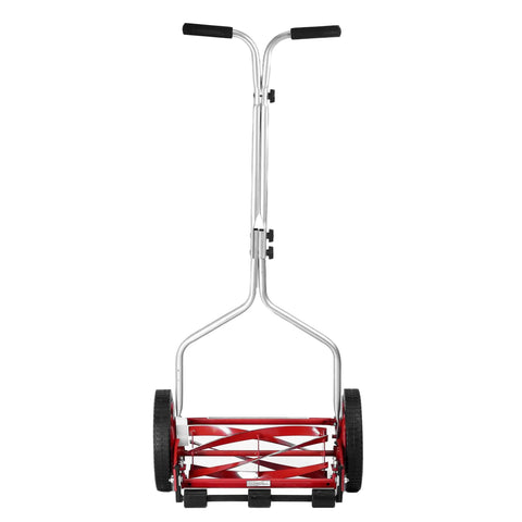 Front view of 14 Inch Push Reel Lawn Mower With 5 Blade Ball Bearing Reel, Adjustable Cutting Height 0.5 To 1.75 Inches, Red