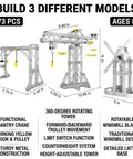 3 In 1 Metal Construction Kit With 273 Parts featuring tower crane, frame crane, and windmill models for kids ages 8 to 12