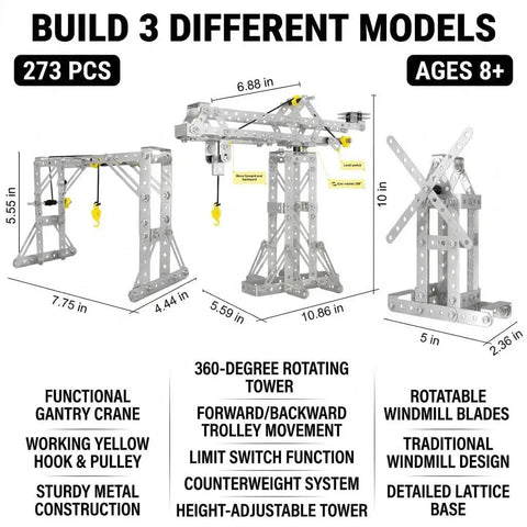 3 In 1 Metal Construction Kit With 273 Parts featuring tower crane, frame crane, and windmill models for kids ages 8 to 12