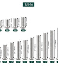Top Shelf Heavy Duty 3/8-16 X 3 Inch Button Head Socket Cap Screws 304 Stainless Steel Hex Bolts with size chart.