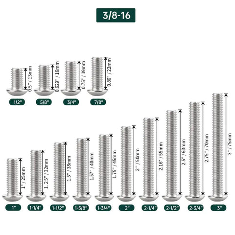 Top Shelf Heavy Duty 3/8-16 X 3 Inch Button Head Socket Cap Screws 304 Stainless Steel Hex Bolts with size chart.
