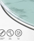 Explosion Proof Round Tabletop Rotating Serving Tray 360 Degree Turntable With Heavy Duty Glass Surface details and durability icons.