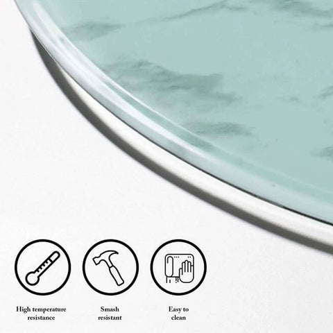 Explosion Proof Round Tabletop Rotating Serving Tray 360 Degree Turntable With Heavy Duty Glass Surface details and durability icons.