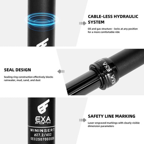 Detail view of Cable-Less Hydraulic Dropper Seatpost for MTB E-Bike and Road Bikes highlighting seal and safety line marking.