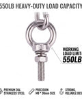 Close-up of 5 Pack M8 X 30mm Stainless Steel Eye Bolts With Nuts Flat Washers And Spring Washers Hardware Kit, 550lb load