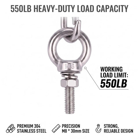 Close-up of 5 Pack M8 X 30mm Stainless Steel Eye Bolts With Nuts Flat Washers And Spring Washers Hardware Kit, 550lb load