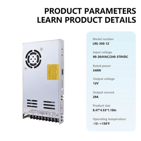 Built Tough And No Nonsense 350W Ac Dc Switching Power Supply 12V 29A High Efficiency Enclosed Unit side view with model number LRS-350-12.