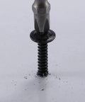Top Tier Number 8 By Half Inch Sheet Metal Screws With Truss Heads 100 Pack Of 410 Stainless Steel Fast Self Tapping Bolts In Black Oxide Finish, close-up of installed screw and bit.