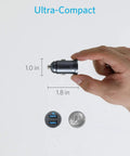 Ultra Compact Aluminum Alloy Dual USB Car Charger With Blue LED 24W Total Power held between fingers, showing size comparison with coin.