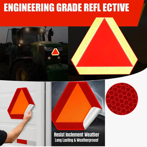 Badass Slick Adhesive Orange Smv Triangle Sign With Diamond Grade Reflective, shown being applied, ideal for utility vehicles.