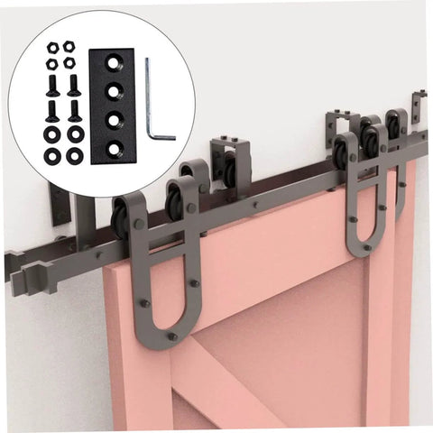 Beefy Carbon Splicing Piece Flat Bracket for Barn Door Track, 4-hole black steel plate with connector and hardware installed.