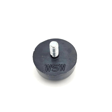 10-24 Thread Rubber Feet Bumpers 1 Inch Round Screw In Equipment Spacer with Galvanized Steel Stud, black, close-up view.
