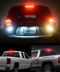 Rear view of car with Red 921 LED Third Brake Light For Ram 1500 2019-2026, showing installation and bright red illumination.
