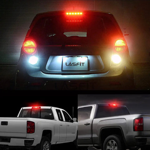 Rear view of car with Red 921 LED Third Brake Light For Ram 1500 2019-2026, showing installation and bright red illumination.