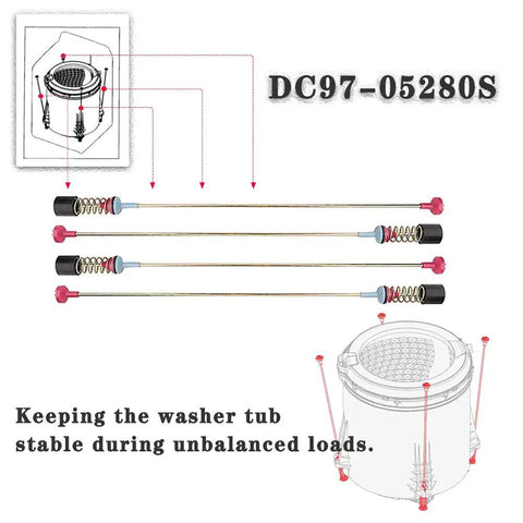 Diagram of Upgraded DC97-05280S Washer Suspension Rods Set Of 4 27.5 Inch, beefed-up damper assembly with stability instructions.