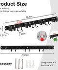 Stainless Steel Rustproof Broom Holder Wall Mount With Four Slots And Six Hooks dimensions and included accessories.