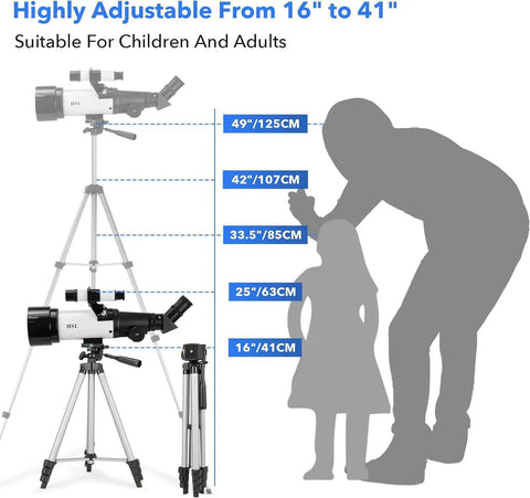 Awesome High Powered 70mm Refractor Telescope with adjustable tripod heights, shown beside child and adult for size comparison.