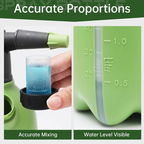 Close-up of Half Gallon Garden Pump Sprayer with adjustable nozzle, measuring cup for accurate mixing, and visible water level gauge.