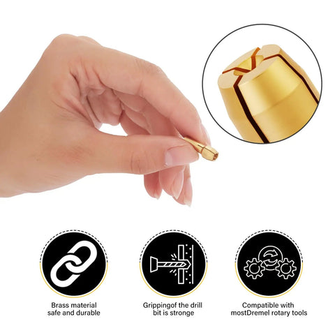 Hand holding brass collet from 15-Piece Drill Chuck Collet Set For Dremel Rotary Tools 0.02in To 0.13in