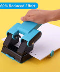 2 Hole Paper Punch With Adjustable 70Mm Or 80Mm Spacing And 6Mm Hole, punching paper, ergonomic handle, blue, on yellow background