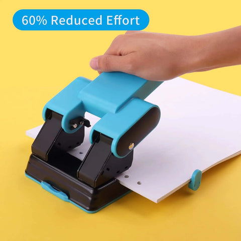 2 Hole Paper Punch With Adjustable 70Mm Or 80Mm Spacing And 6Mm Hole, punching paper, ergonomic handle, blue, on yellow background