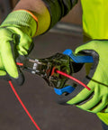 Person using Heavy Duty Automatic Wire Cutter And Stripper For 8 To 20 AWG Solid And 10 To 22 AWG Stranded Wire with gloves