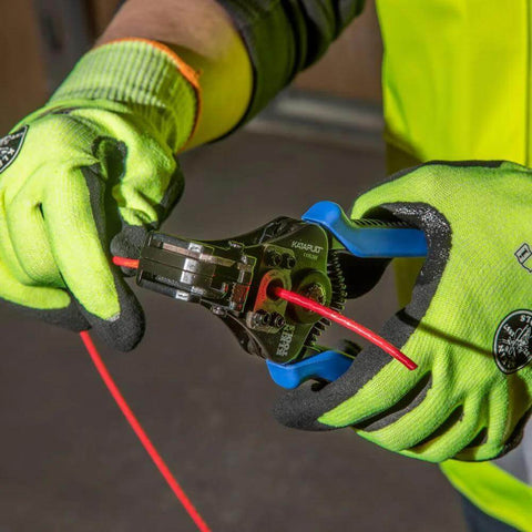 Person using Heavy Duty Automatic Wire Cutter And Stripper For 8 To 20 AWG Solid And 10 To 22 AWG Stranded Wire with gloves