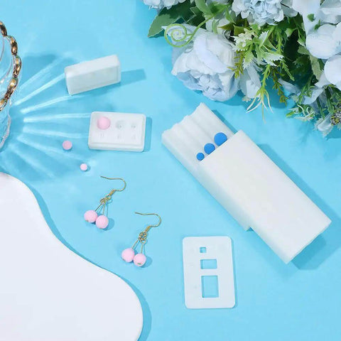 Polymer Clay Bead Roller And Hole Maker Set For Round Beads 4mm 6mm 8mm Two Piece Bead Making Kit displayed with earrings on blue background
