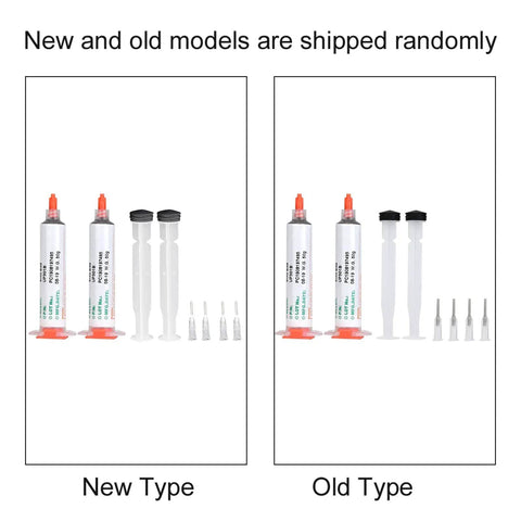 Two 50g Solder Paste Syringes Sn42 Bi58 Tin Bismuth Soldering Flux for SMD PCB Electronics Repair sets, new and old models