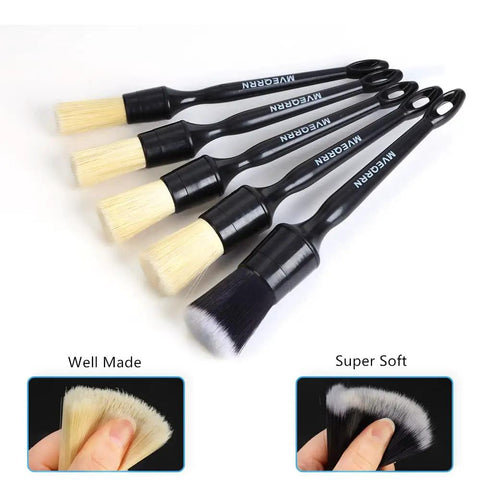 Five Piece Boar Hair Car Detailing Brush Set With Ultra Soft Scratch Free Interior Brushes For Leather Seats And Dash Plus Exterior And Wheel Detailing Tools