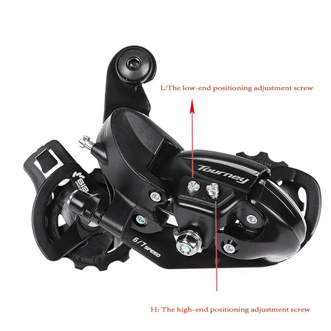 Rear Derailleur RD TY300 6 To 7 Speed Direct Mount For Road And MTB Bikes, highlighting adjustment screws, black color, side view.