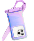 Floatable Waterproof Phone Pouch Case For iPhone 17 16 Pro Max 15 14 13 12 Under 7 Inches IP68 Dry Bag with purple lanyard.