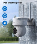 Outdoor PTZ Security Camera With 360 View, 2K Pan Tilt Dome Surveillance in rain, highlighting weatherproof durability