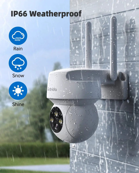 Outdoor PTZ Security Camera With 360 View, 2K Pan Tilt Dome Surveillance in rain, highlighting weatherproof durability