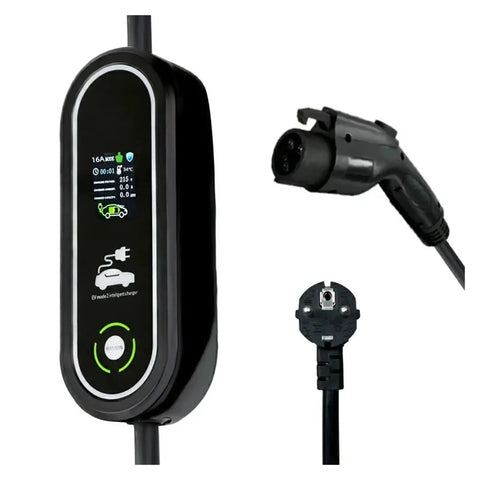 No Sweat Heavy Duty EV Charger Adapter Type 2 To Type 1 Cable 16 AMP EVSE Cord, black design with display and connector.
