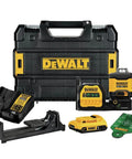3 X 360 Degree Laser Level Kit With Fine Adjustment, 20V/12V MAX Power, Green Beam, Class II, 10 Hour Run Time On 20V Max Battery, Bright Yellow Case For Precise Plumb And Level Lines In DIY And Pro Projects. DeWalt kit with case and accessories