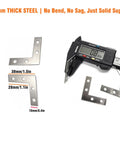 Heavy Duty Steel L Shape Corner Brackets 1.5 Inch for woodworking, showcasing thickness and size with measurement tool.