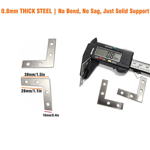 Heavy Duty Steel L Shape Corner Brackets 1.5 Inch for woodworking, showcasing thickness and size with measurement tool.
