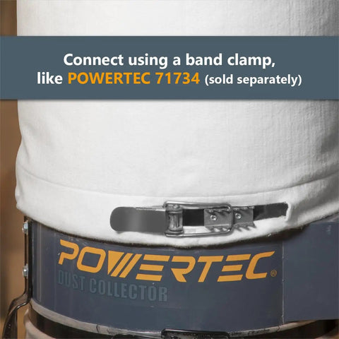 Heavy Duty Dust Collector Bag 15 X 23 Inch, 1 Micron Filter For Fine Dust connected to Powertec unit with band clamp.
