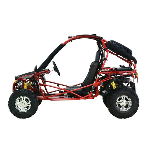 Side view of Red Off Road Go Kart With 8.3 kW 4 Stroke Air Cooled Engine, CVT Transmission, CDI Ignition, rugged mini racer design.