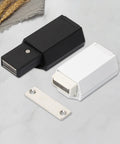 Push To Open Cabinet Catch With 25 Lbs Magnetic Hold, Spring Loaded Door Latch in black and white with metal plate on table