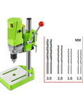 710W Mini Metal Lathe And Milling Machine With Variable Speed Control, compact green drill press with six drill bits.