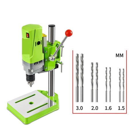 710W Mini Metal Lathe And Milling Machine With Variable Speed Control, compact green drill press with six drill bits.