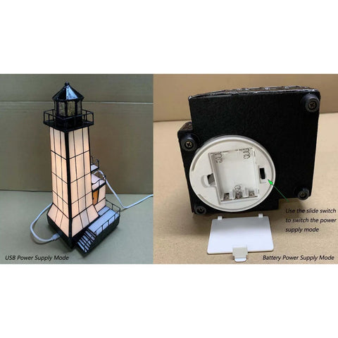 Tiffany Style Stained Glass Table Lamp With Lookout Platform Night Light, 6-Inch Wide By 11-Inch Tall, Brown Finish, USB Power Cable